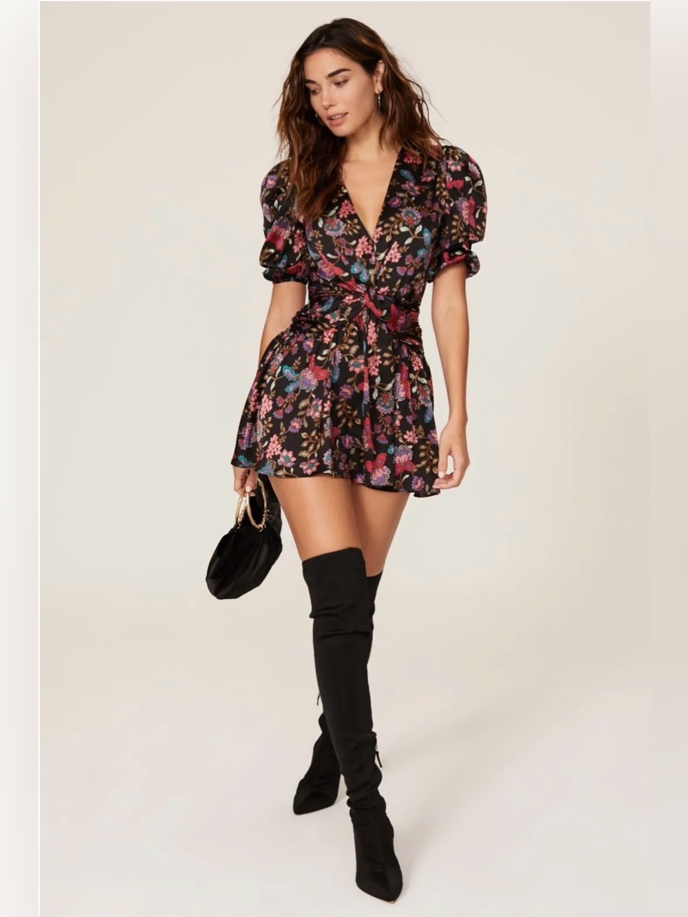 Misa Los Angeles Black Floral Twist-Waist Mini Dress with Multicolor Blooms